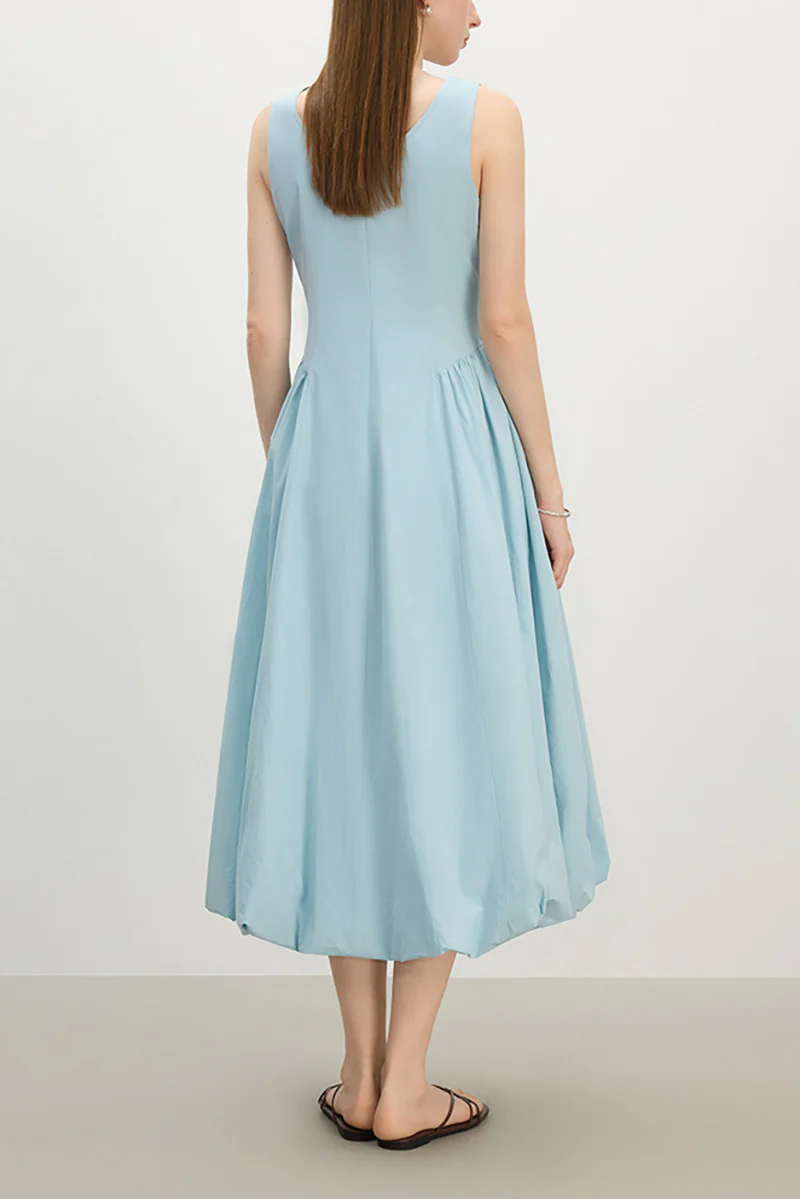 Baby Blue 100 Cotton Sleeveless Scoop-Neck Bubble Midi Dress - HBQMJX
