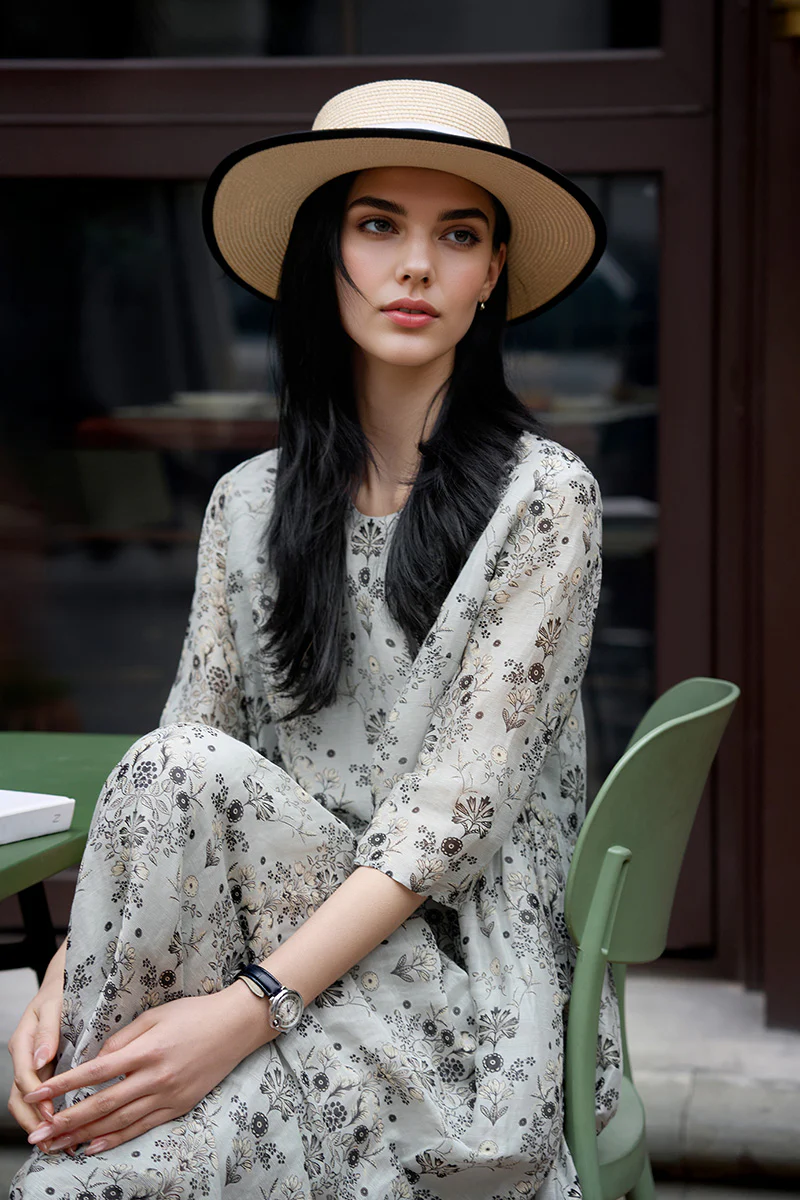 Floral Elbow-Sleeve Midi Dress in Linen-Silk Blend - HBQMJX