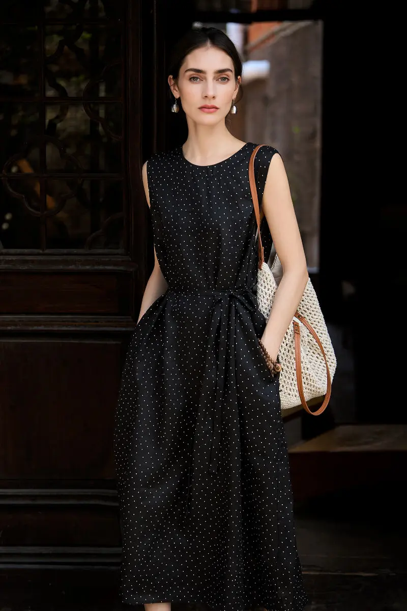 100 Linen Polka Dot Sleeveless Midi Dress with Pockets - HBQMJX