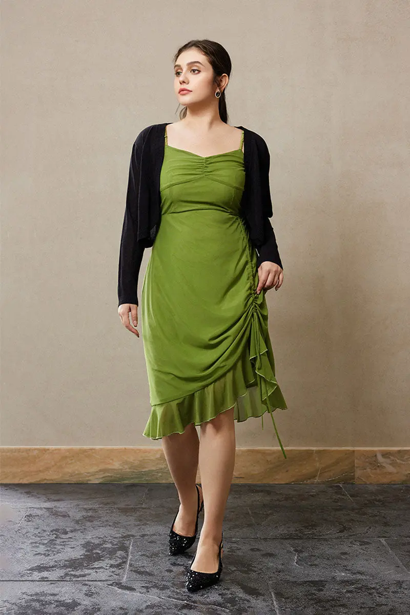 Ruched Mesh Drawstring Midi Dress in Olive Green - HBQMJX