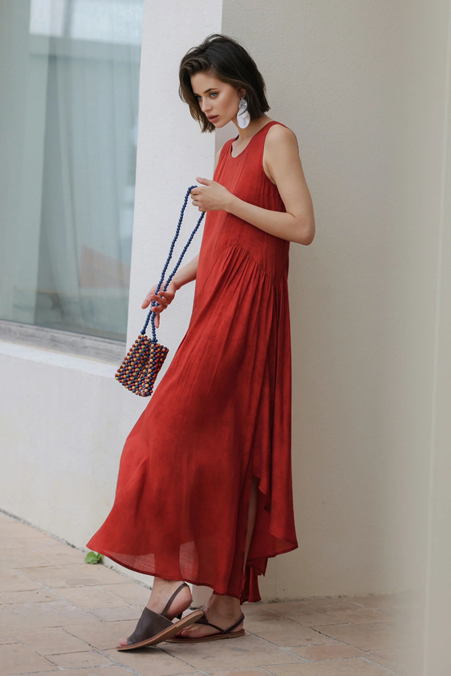 Red Asymmetrical Tiered Sleeveless Maxi Dress with Floral Print - HBQMJX