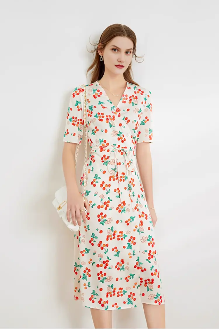 Floral Print V Neck Short Sleeve Dress - HBQMJX