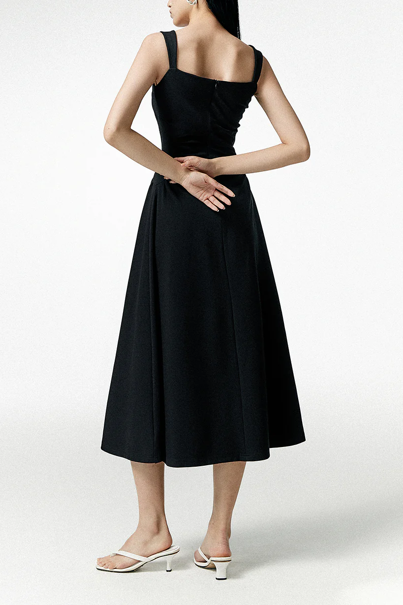 Square Neck Midi Dress with Pleated Waist - HBQMJX