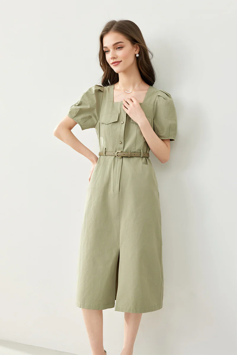 Sage Green Cargo Square-Neck Belted Midi Dress - HBQMJX