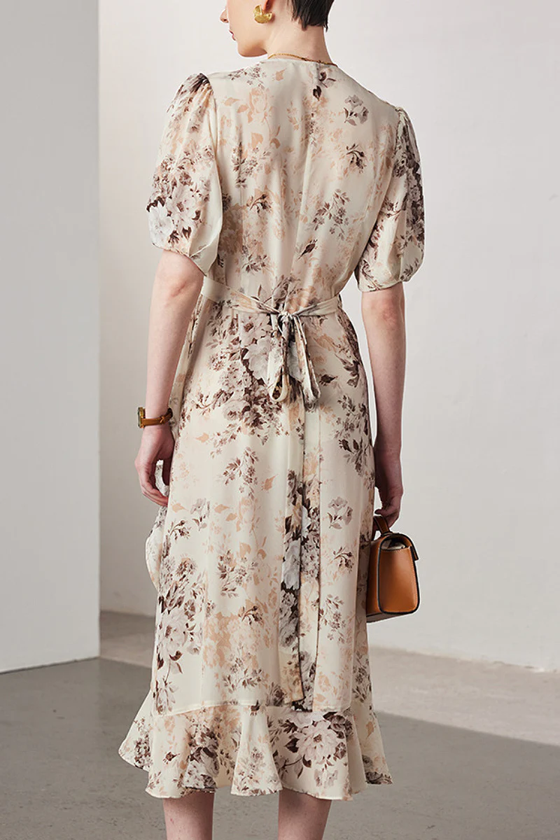 100 Mulberry Silk Floral Puff-Sleeve V-Neck Ruffle Wrap Midi Dress - HBQMJX