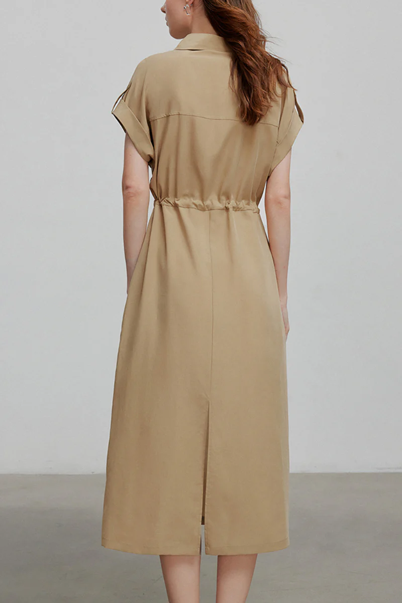 Khaki Cap-Sleeve Shirt Midi Dress With Belt - HBQMJX