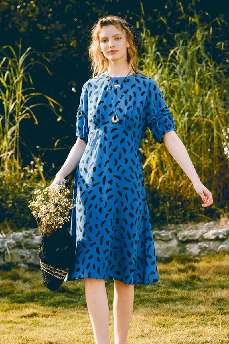 Vintage Silk Double Crepe Printed Midi Dress in Blue - HBQMJX