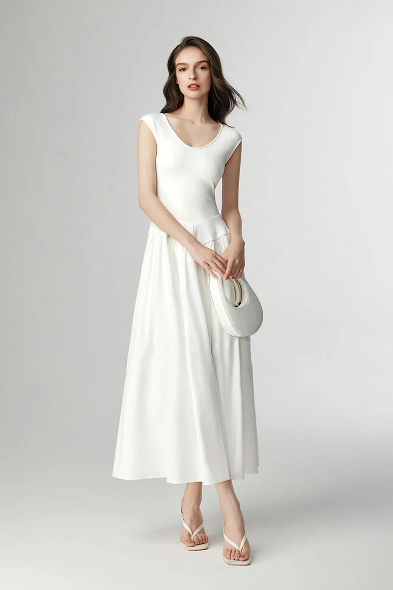 White Fit & Flare Cap-Sleeve Scoop-Neck Midi Dress - HBQMJX