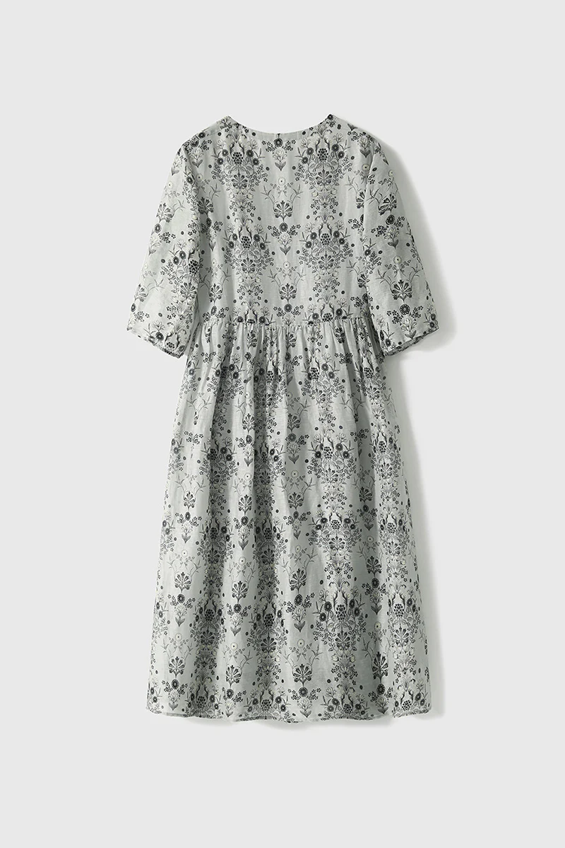 Floral Elbow-Sleeve Midi Dress in Linen-Silk Blend - HBQMJX
