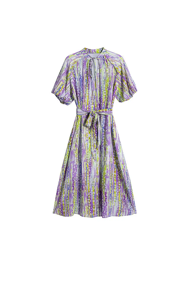 Purple Silk Double Crepe Abstract-Print Midi Dress - HBQMJX
