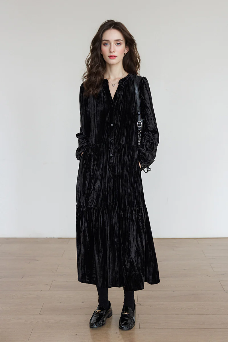 Tiered Long-Sleeve Button-Down A-Line Velvet Midi Dress - HBQMJX