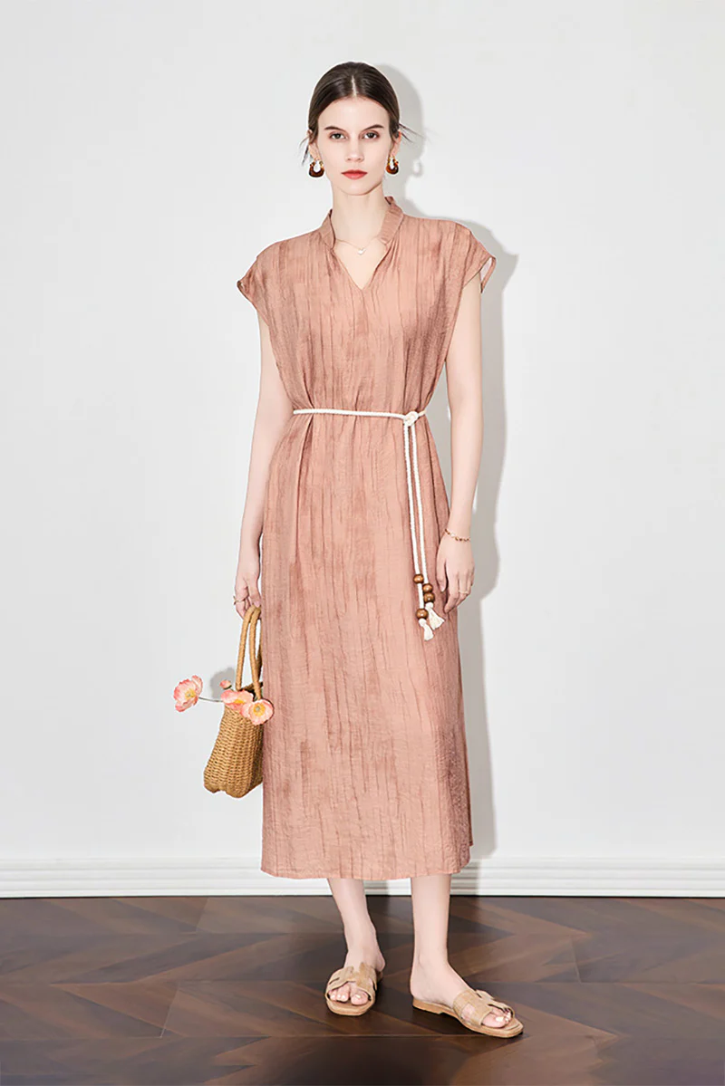 Tie-Dye Textured Cap-Sleeve Midi Dress in Terracotta - HBQMJX