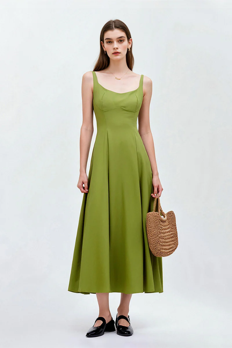 Olive Green Sleeveless Fit & Flare Midi Dress - HBQMJX
