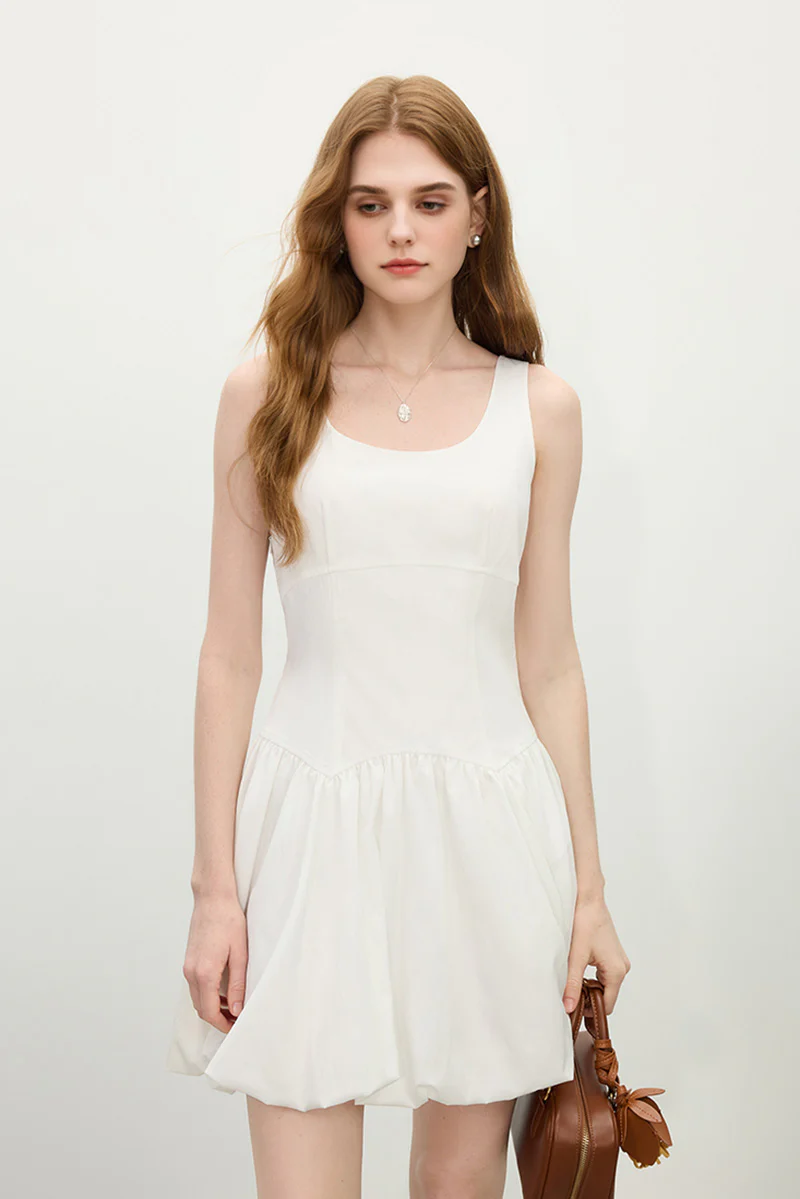 White Sleeveless Scoop-Neck Bubble Mini Dress - HBQMJX