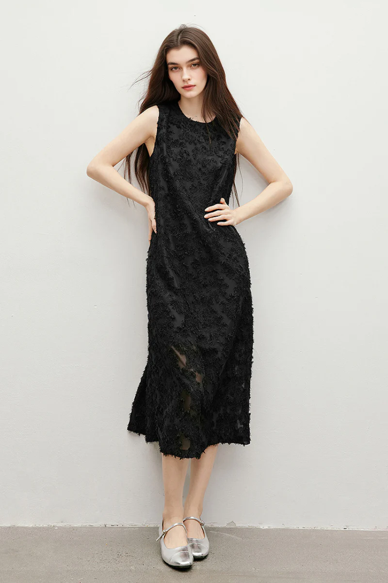 Black Floral Applique Sleeveless Dress - HBQMJX