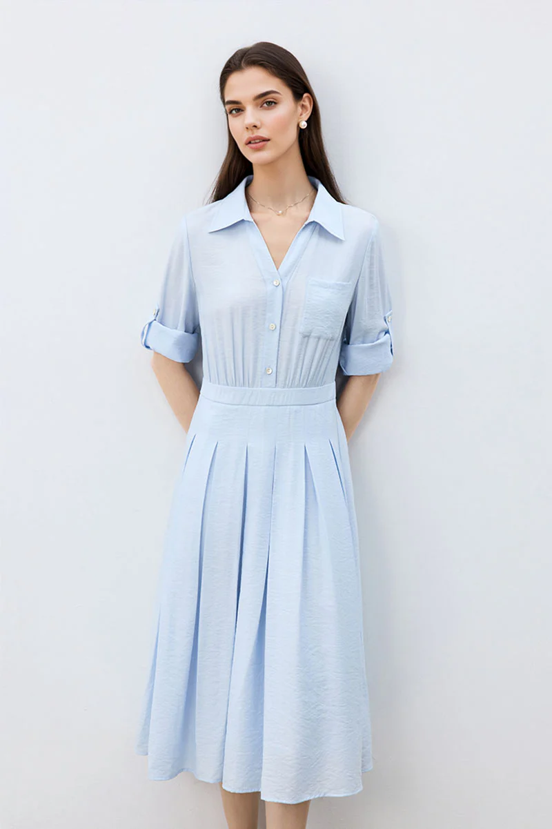 Baby Blue Long Sleeve Midi Shirt Dress - JIEEQQ