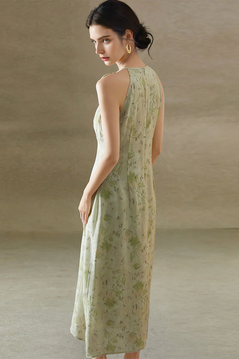 Sage Green Jacquard Halter Midi Dress with Shoulder Bow - HBQMJX