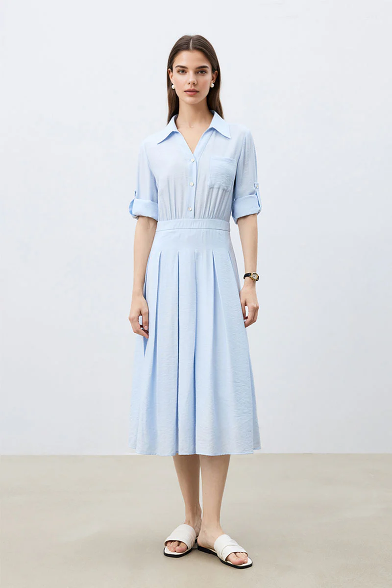 Baby Blue Long Sleeve Midi Shirt Dress - JIEEQQ