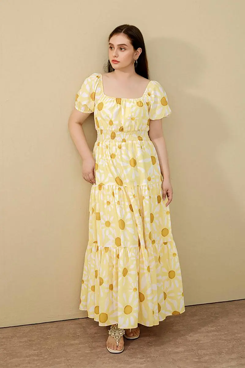 Yellow Floral Tiered Smocked Maxi Dress - HBQMJX