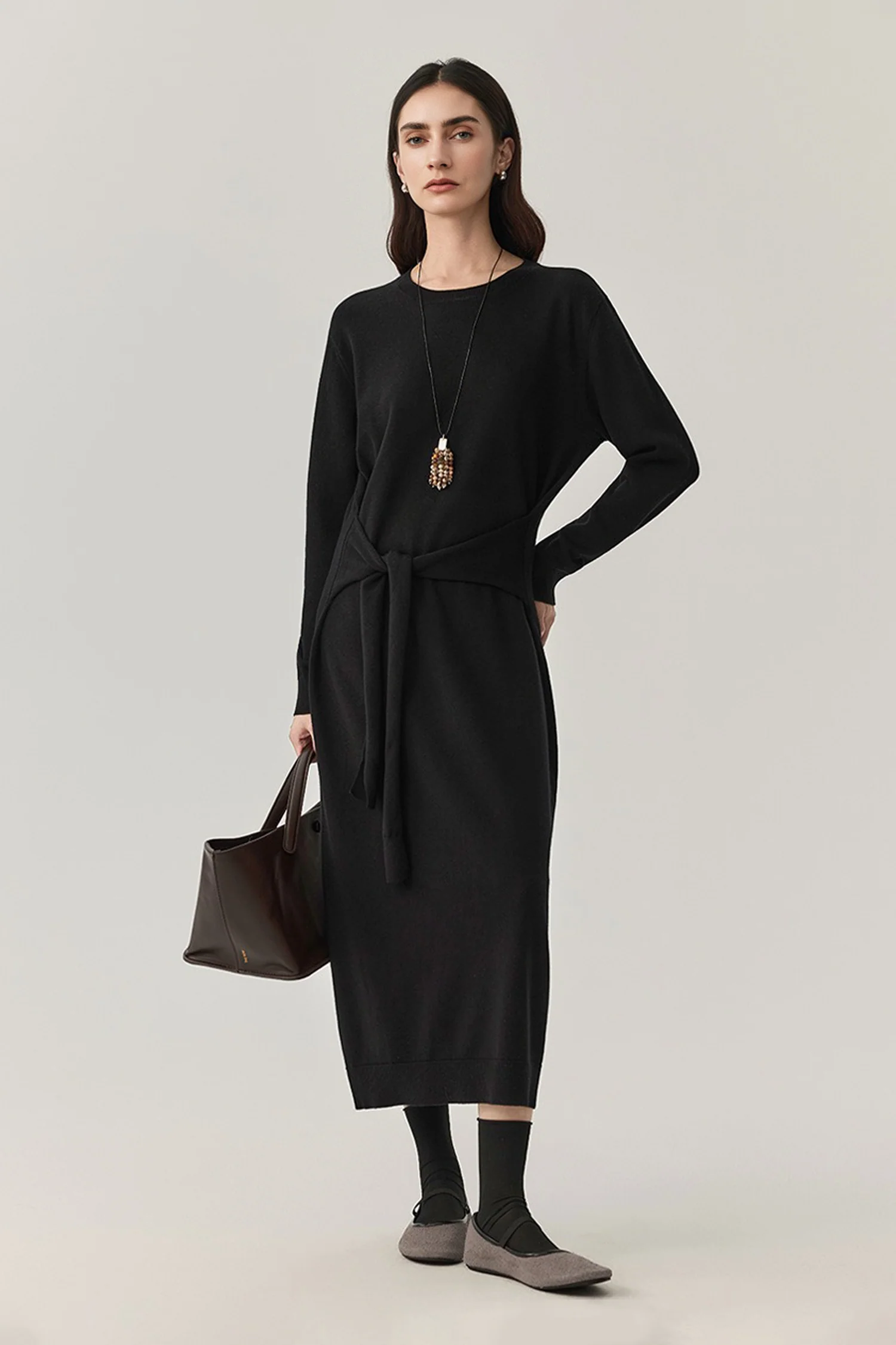 Washable Wool Long Sleeve Tie-Waist Midi Sweater Dress - HBQMJX