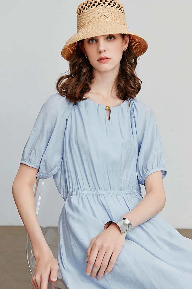 Baby Blue Textured Vacation Midi Dress with Beaded Neckline - HBQMJX