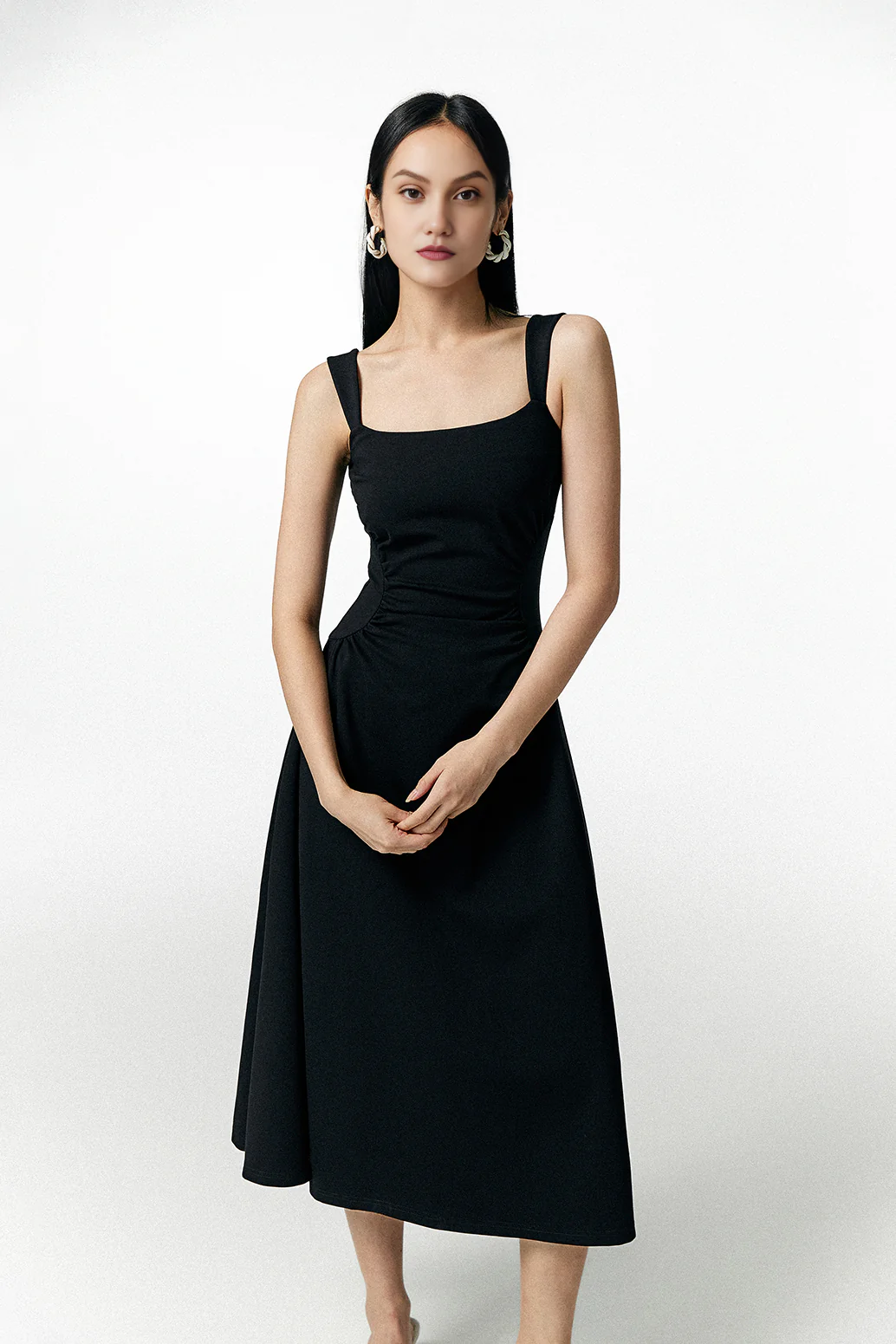 Square Neck Midi Dress with Pleated Waist - HBQMJX