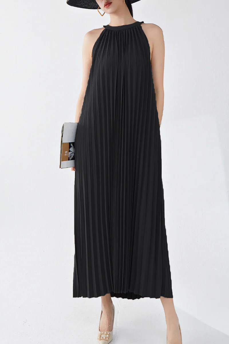 Designer Inspired Pleated Flowy Halter-Neck Midi Dress in Black - HBQMJX