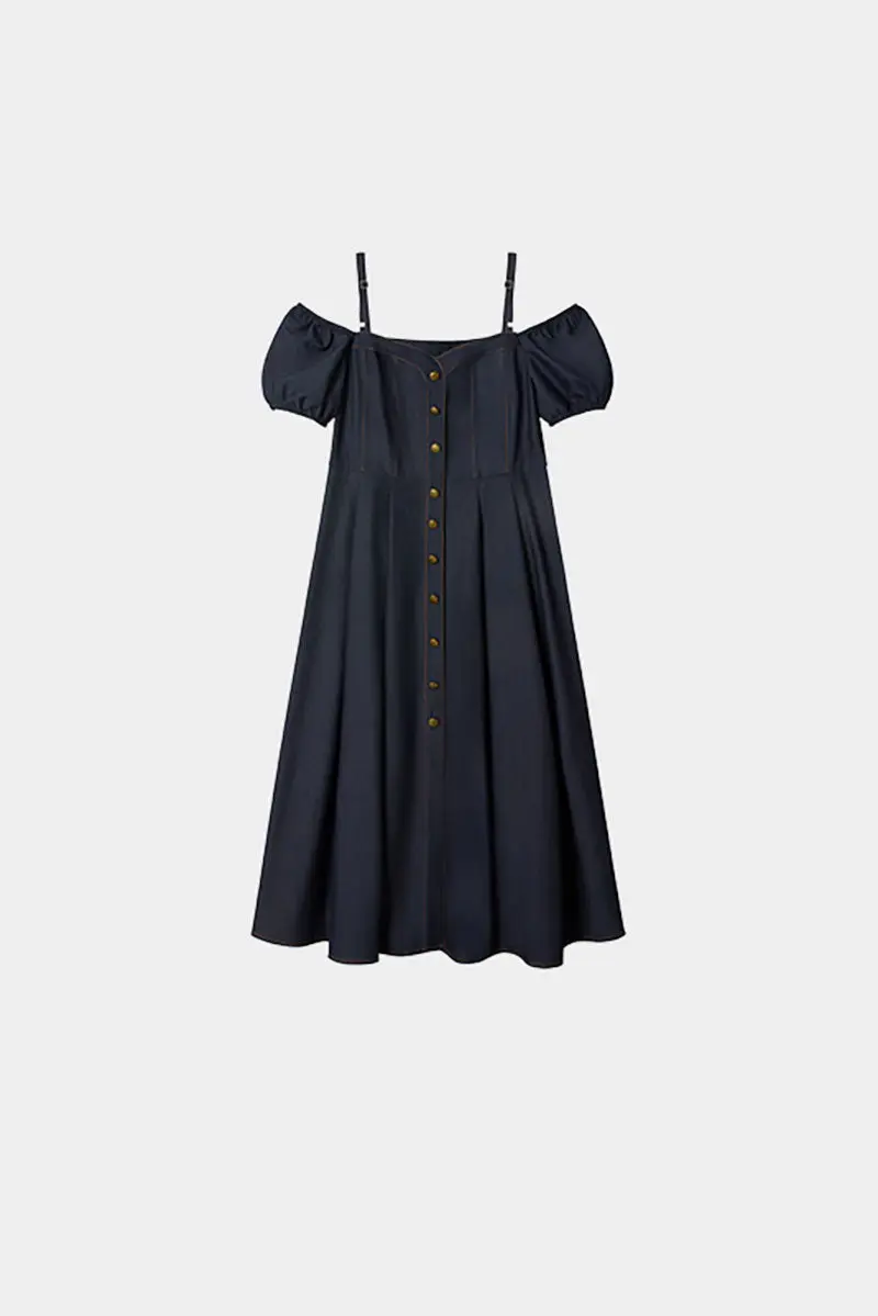 Denim-Inspired Off-Shoulder A-Line Midi Dress with Decorative Buttons - HBQMJX