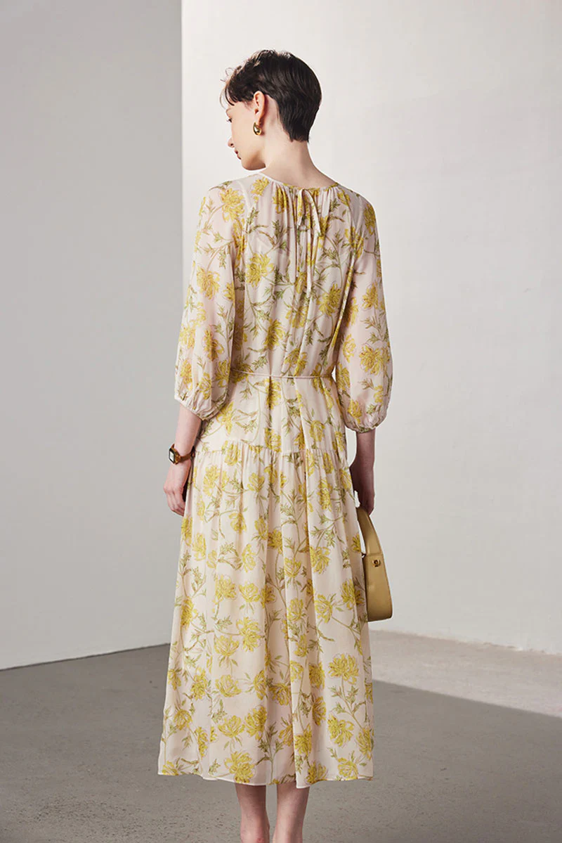 100 Mulberry Silk Floral  Balloon-Sleeve Drop Waist Midi Dress - HBQMJX