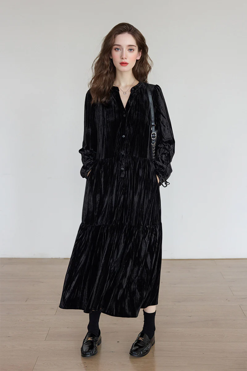 Tiered Long-Sleeve Button-Down A-Line Velvet Midi Dress - HBQMJX