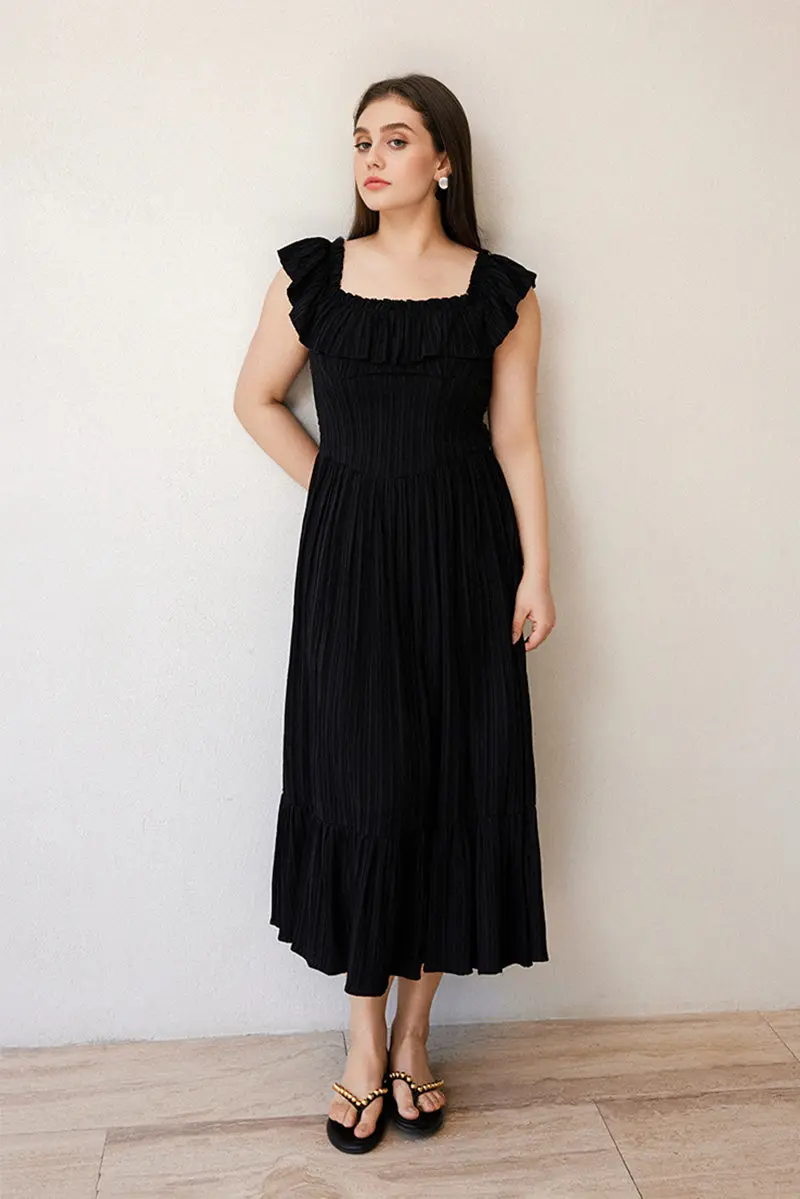 Black Off-the-Shoulder Ruffled Fit & Flare Midi Dress - HBQMJX