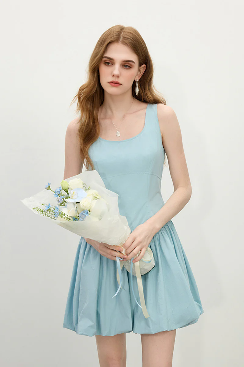 Baby Blue 100 Cotton Sleeveless Scoop-Neck Bubble Mini Dress - HBQMJX