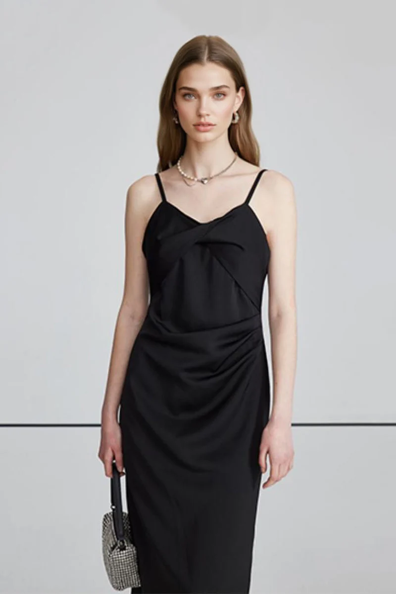 Black Spaghetti-Strap Twist-Front Midi Dress - HBQMJX