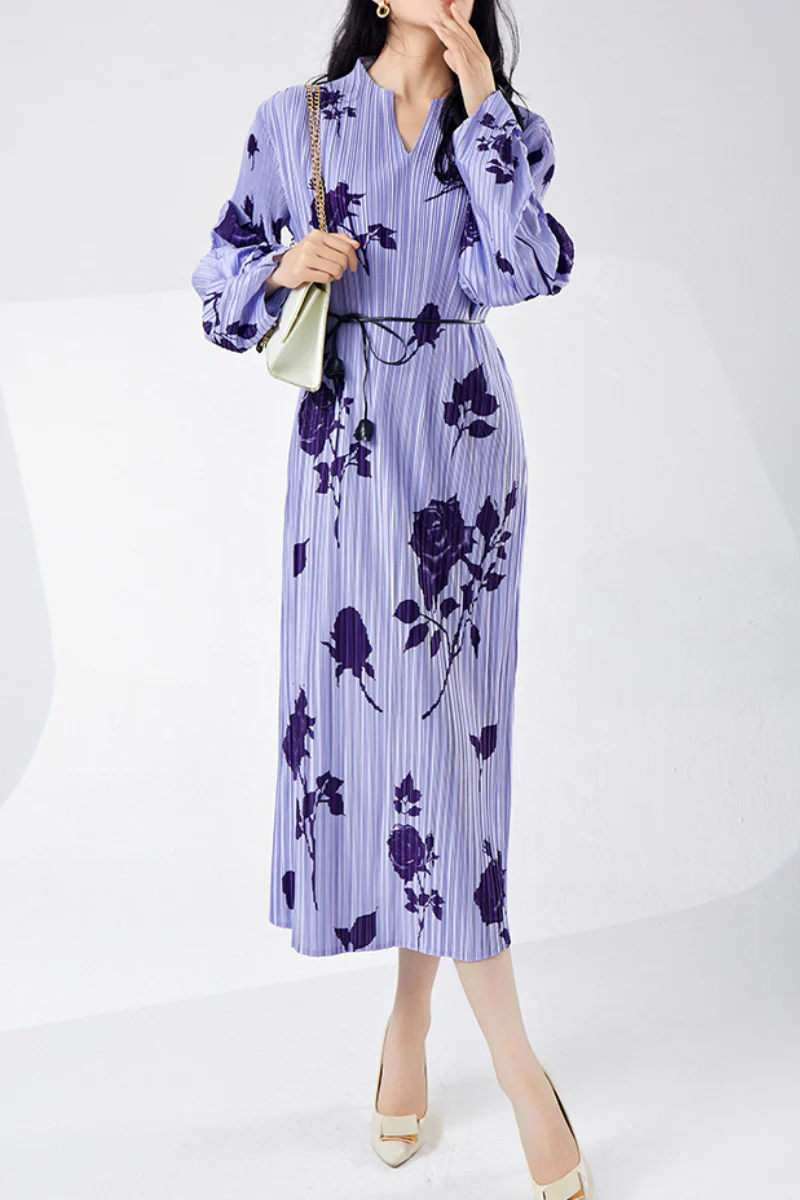 Designer Inspired Pleated Floral Long-Sleeve Midi Dress - HBQMJX