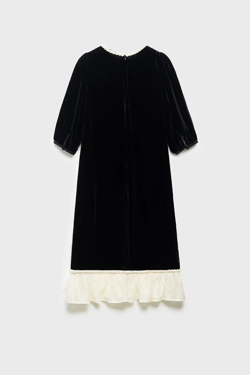 Ostrich-Feather Velvet Elbow-Sleeve Midi Dress with Pearl Trim - HBQMJX