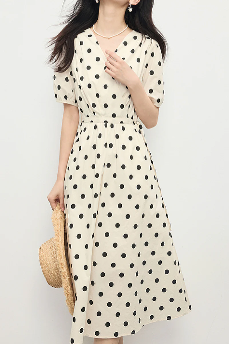 French-Inspired Polka-Dot Midi Dress - HBQMJX