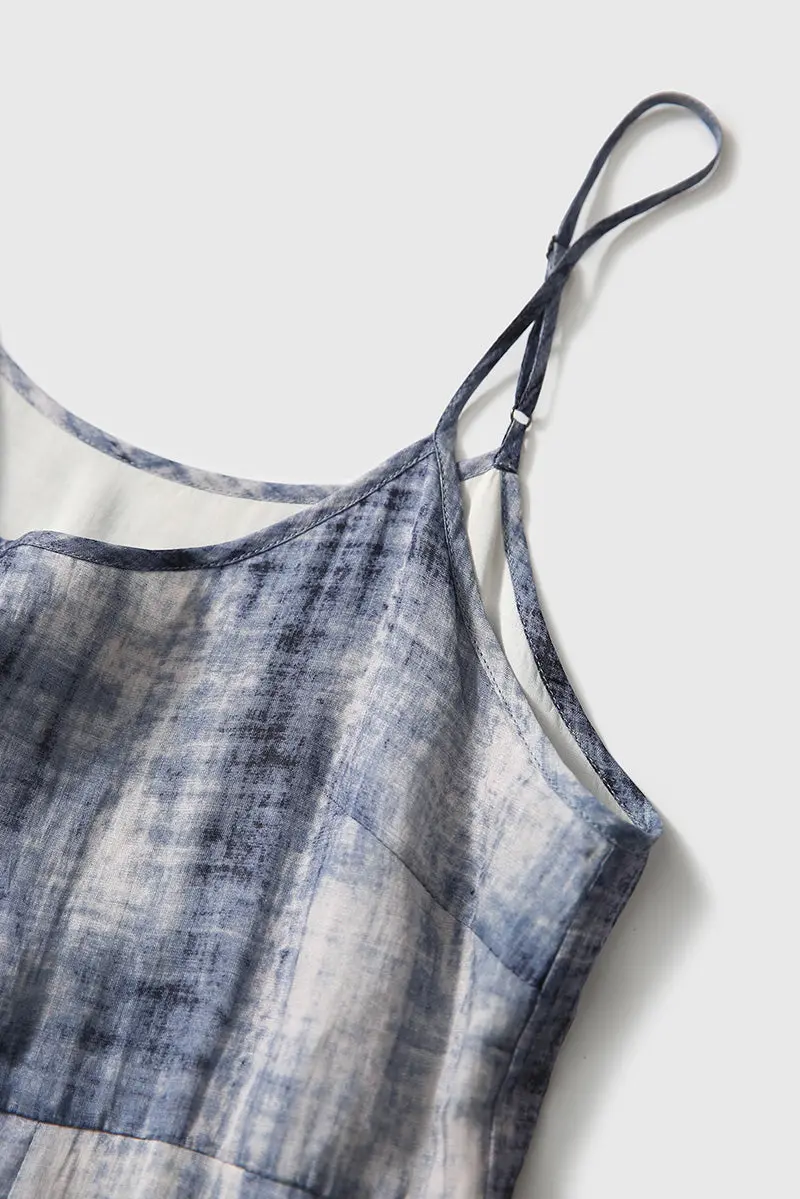 100-Count Fine Ramie Blue Tie Dye Spaghetti-Strap Maxi Dress - HBQMJX