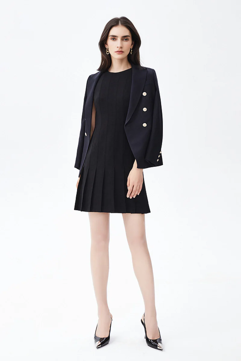 Black Pleated Sleeveless A-Line Mini Dress in Triacetate - HBQMJX