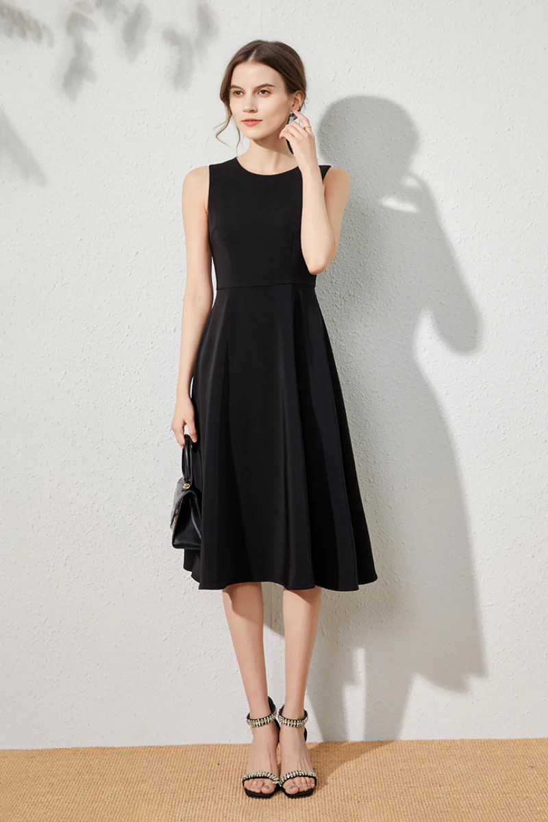 Black Sleeveless A-Line Midi Dress - HBQMJX