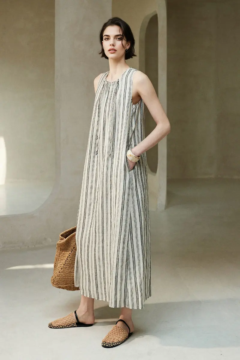 100 French Linen Striped Sleeveless Maxi Dress - HBQMJX