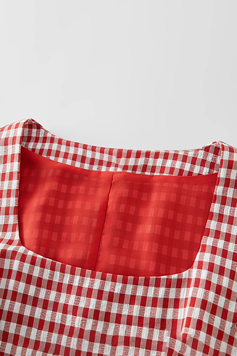 Red Gingham A-Line Midi Dress with Back Tie - HBQMJX