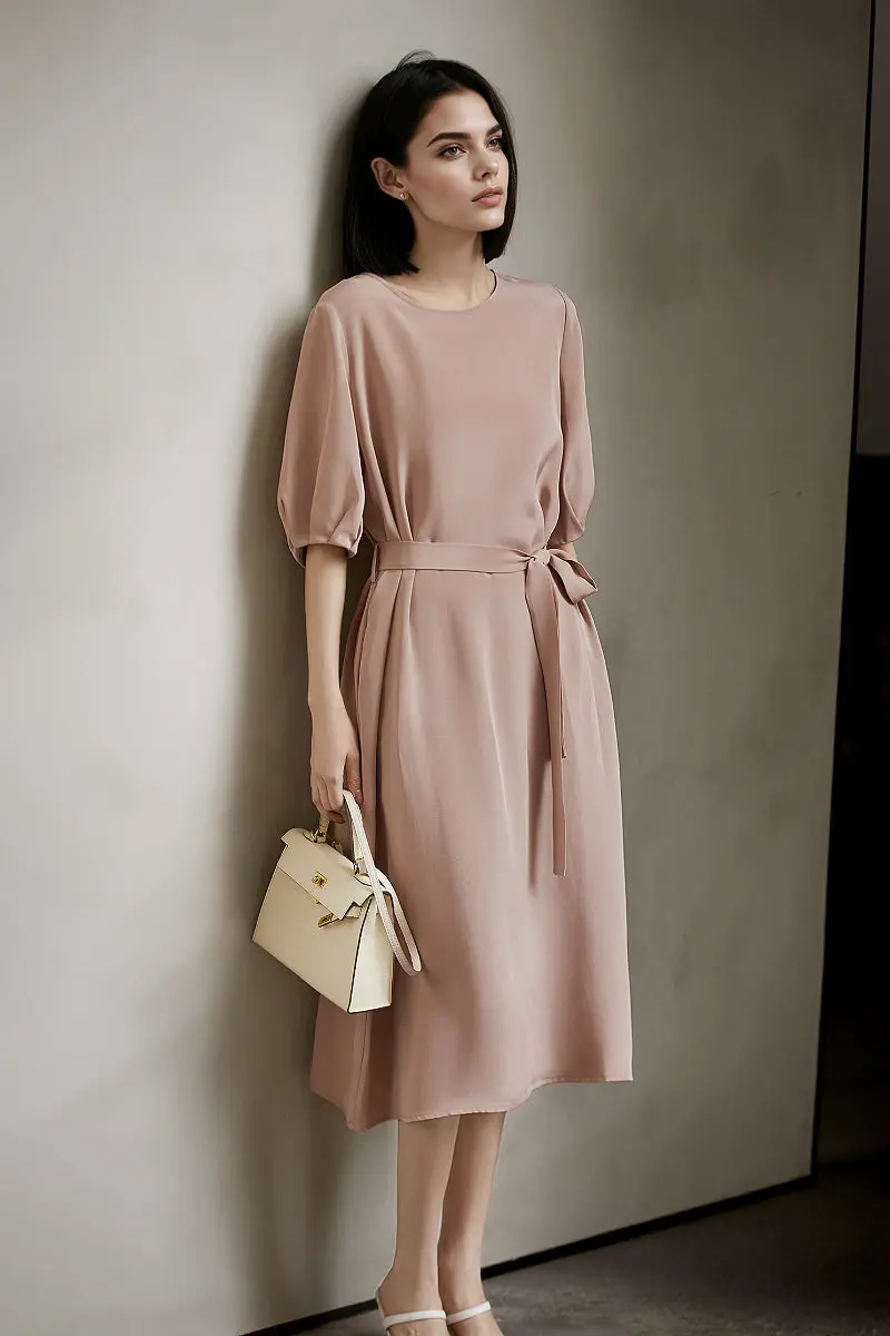 Pink 30MM Silk Crepe Belted Midi Dress - HBQMJX