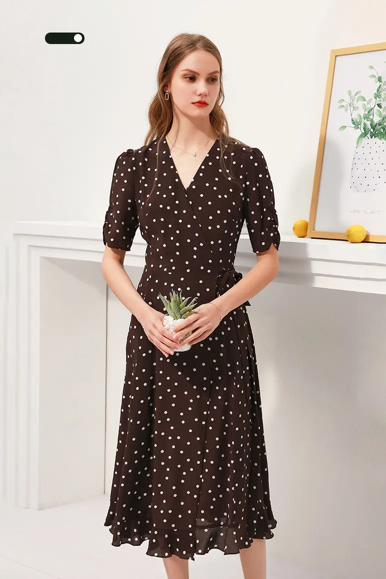 V-Neck Polka Dot Silk Midi Dress - HBQMJX