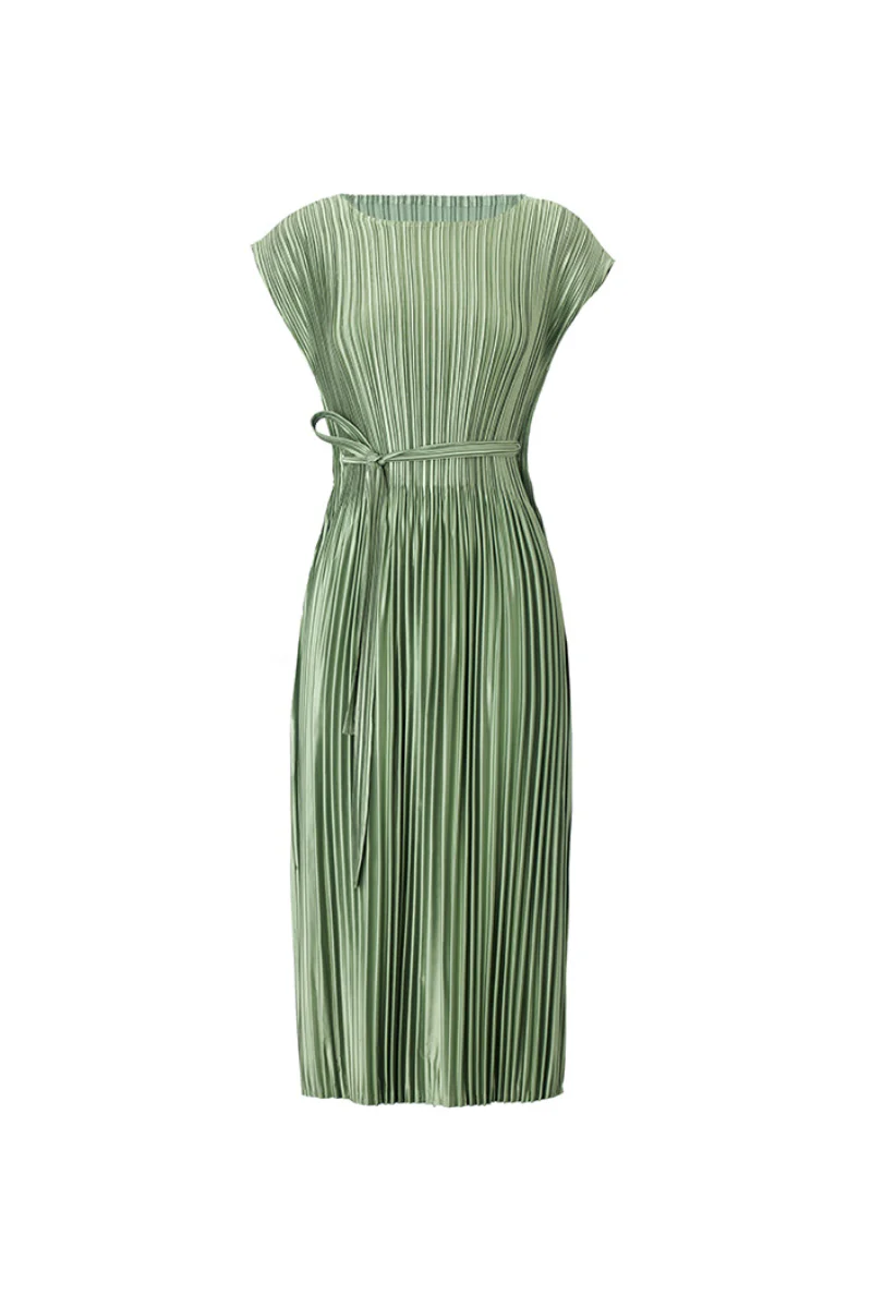 Designer Inspired Pleated Cap-Sleeve Dress with Belt - HBQMJX