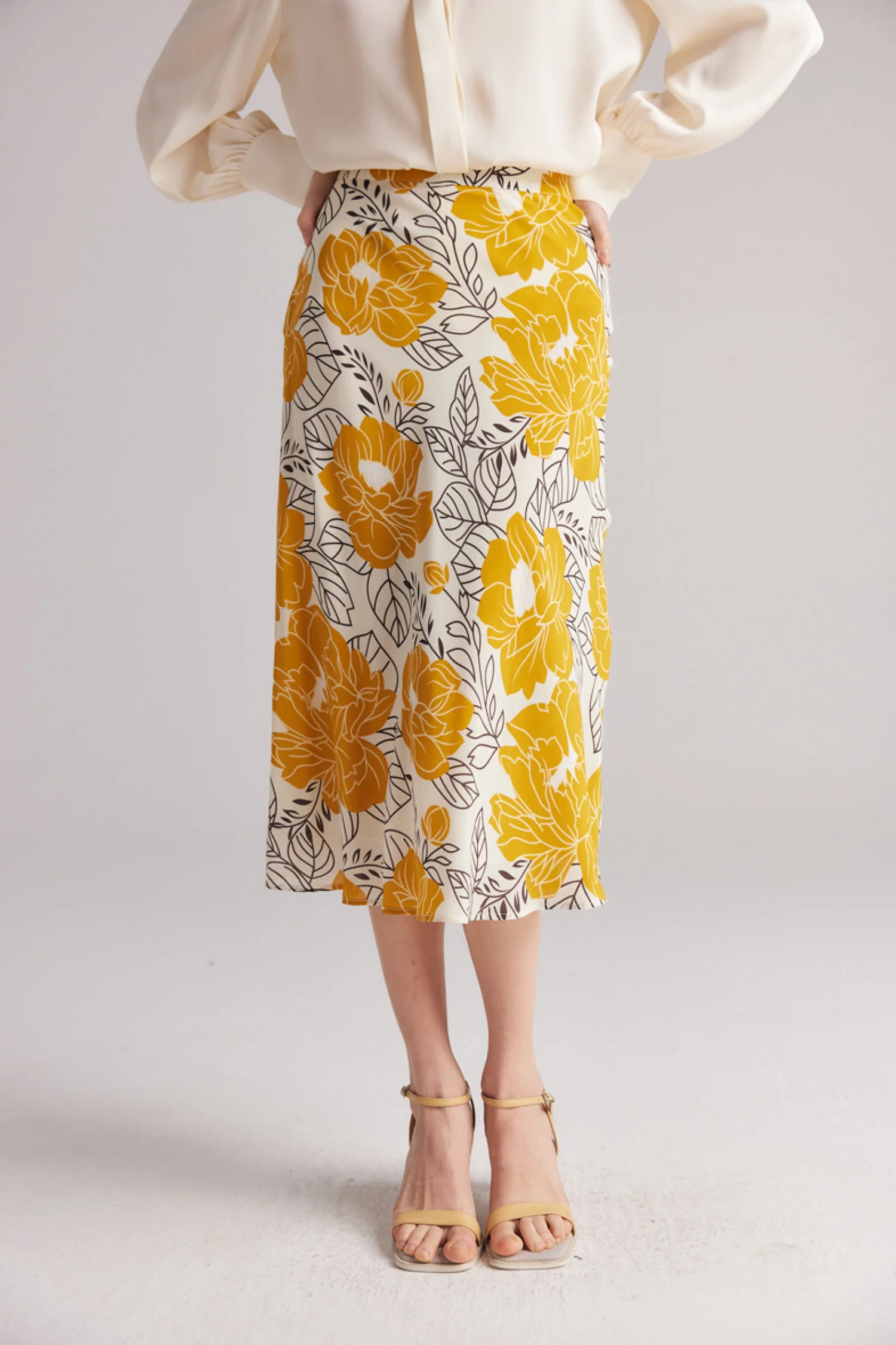 High Waisted A-Line Silk Floral Midi Skirt - HBQMJX