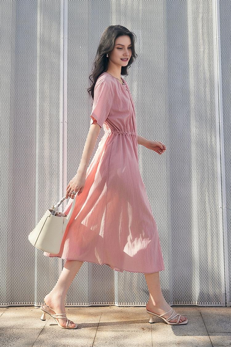 Summer Cinched Waist Midi Dress with Pockets - HBQMJX