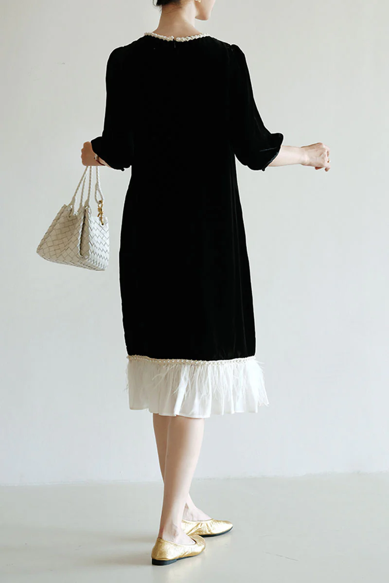 Ostrich-Feather Velvet Elbow-Sleeve Midi Dress with Pearl Trim - HBQMJX