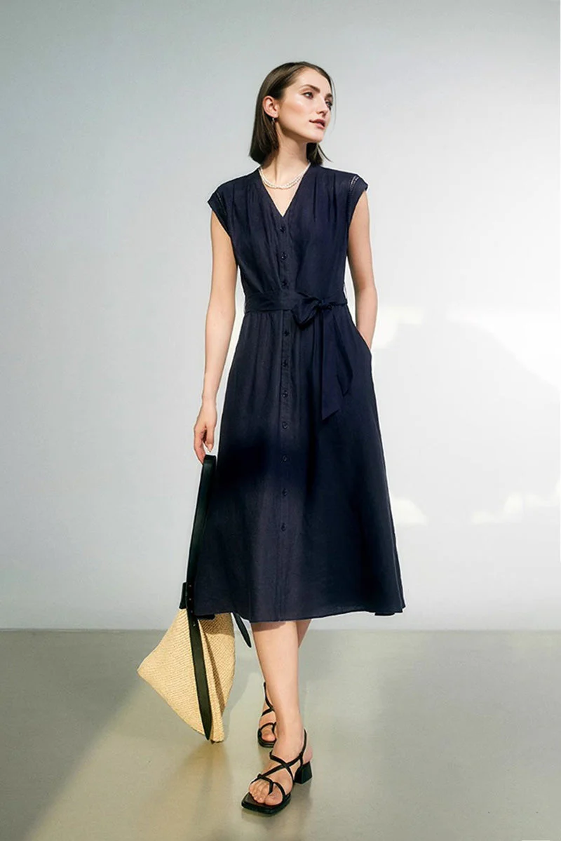 Navy Blue 100 Linen Cap-Sleeve Button-Front Belted Midi Dress - HBQMJX