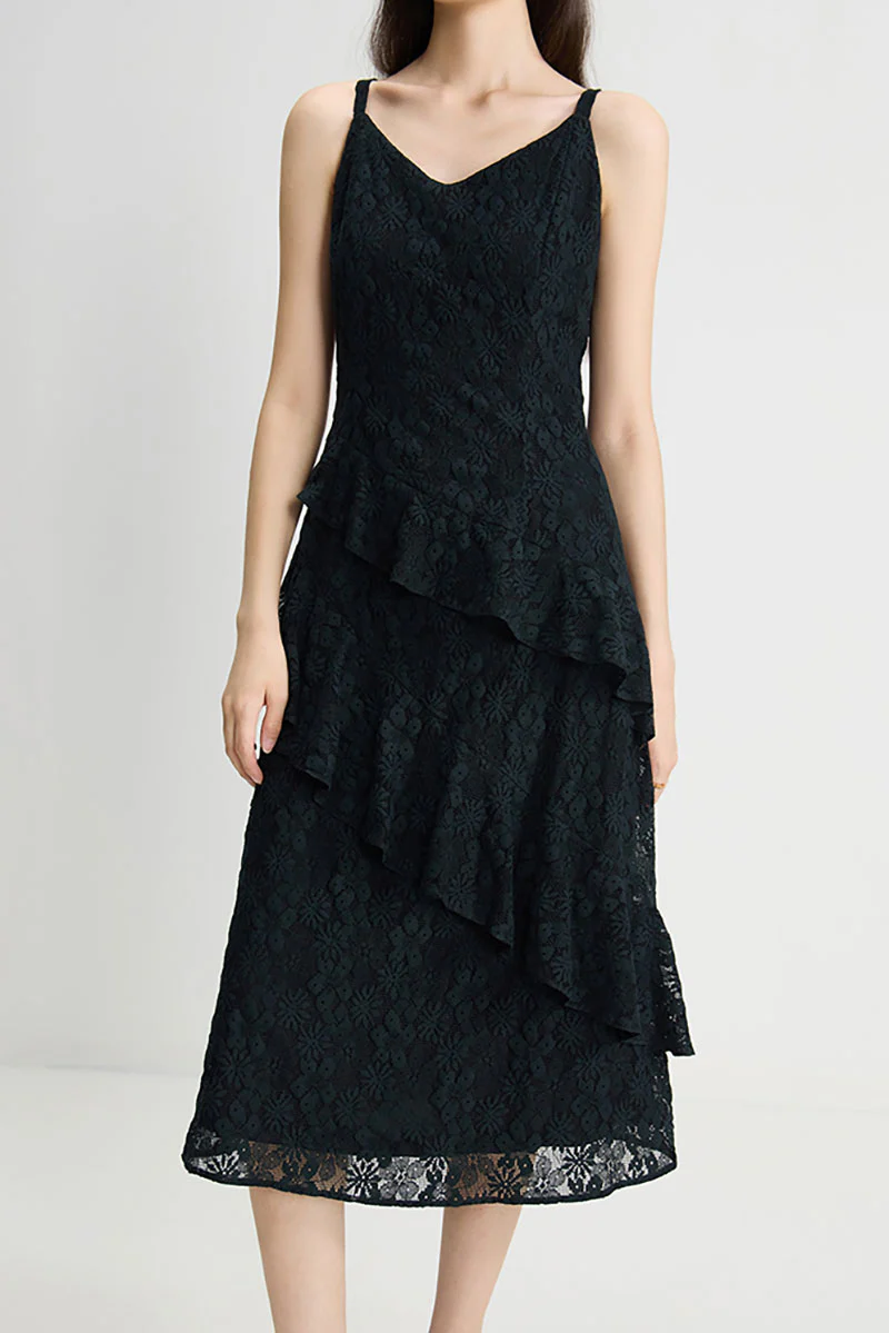 Black Lace Tiered Sleeveless V-Neck Midi Dress - HBQMJX