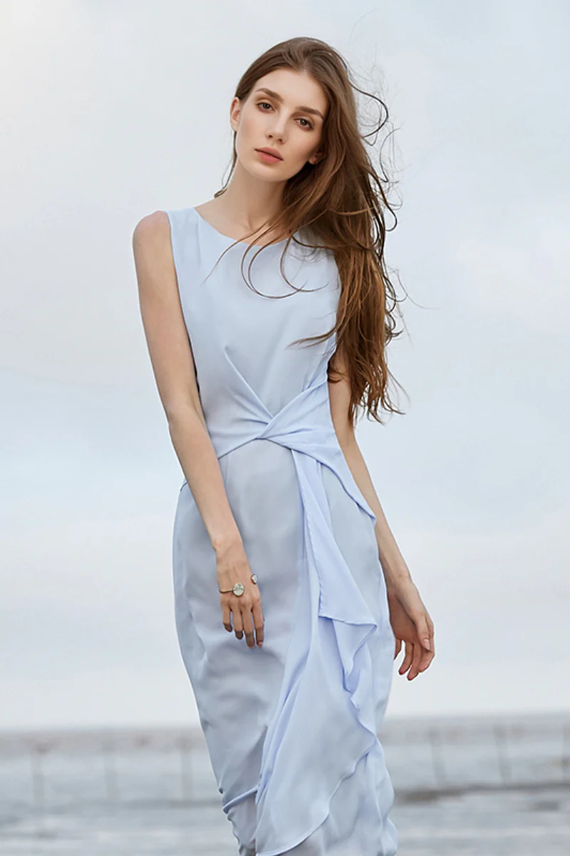 Light Blue Sleeveless Draped Midi Dress - HBQMJX